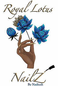 hand with manicured nails and blue lotuses with text Royal Lotus Nailz