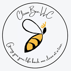 Artistic rendering of a bee in a circle with Clean Bee LLC written above it